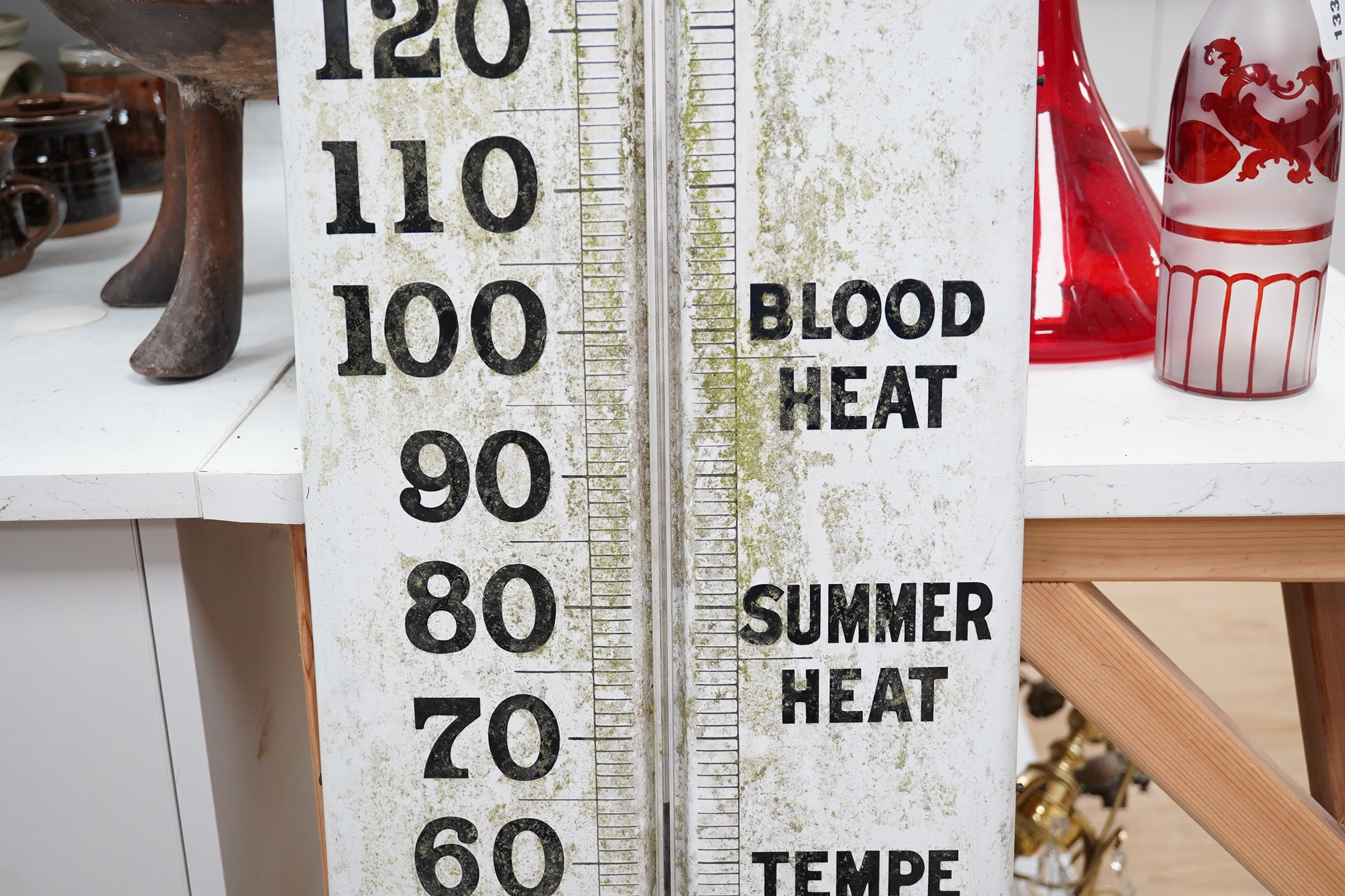 A large Stephen's Inks enamel advertising thermometer temperature measuring sign for the outside of a building. 154cm high x 31cm wide. Condition - fair to good, needs cleaning